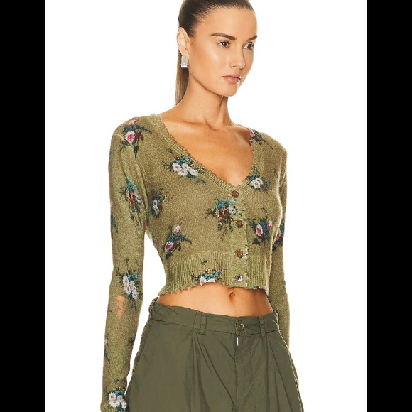 R13 Khaki Distressed Baby Cardigan, xsmall - Picture 2 of 5